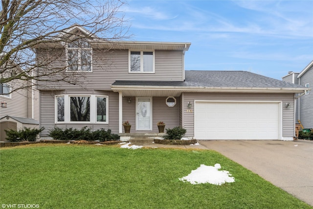 traditional-style house with concrete driveway, a front lawn, roof with shingles, and an attached garage