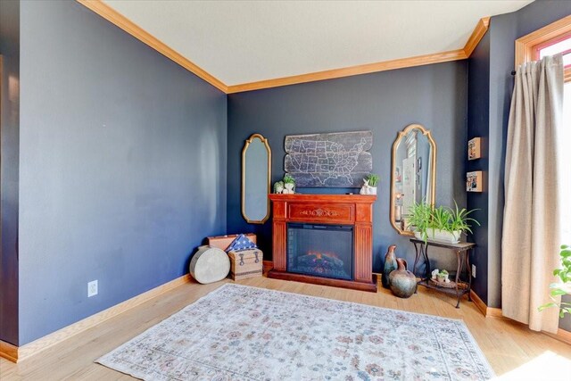 7087 Hillcrest Ct, Johnston, IA 50131 - living area with a lit fireplace, wood finished floors, crown molding, and baseboards