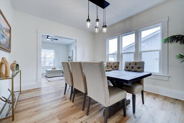 dining room with light wood finished floors and baseboards