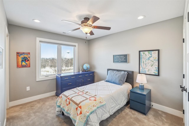 bedroom with ceiling fan, baseboards, carpet flooring, and recessed lighting