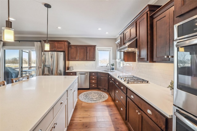 kitchen featuring wood-type flooring, stainless steel appliances, light countertops, under cabinet range hood, and a sink