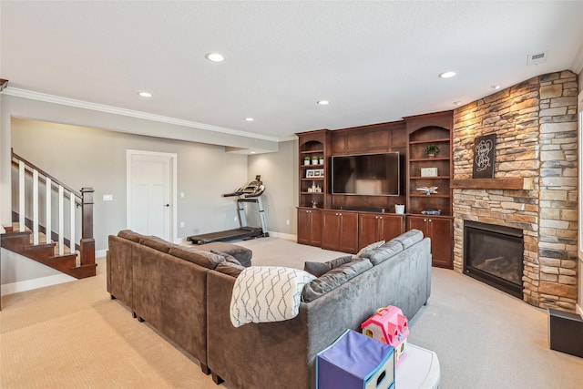 living room featuring stairs, a fireplace, baseboards, and light colored carpet