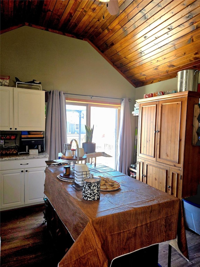 dining area featuring ceiling fan, lofted ceiling, wood ceiling, and dark wood finished floors