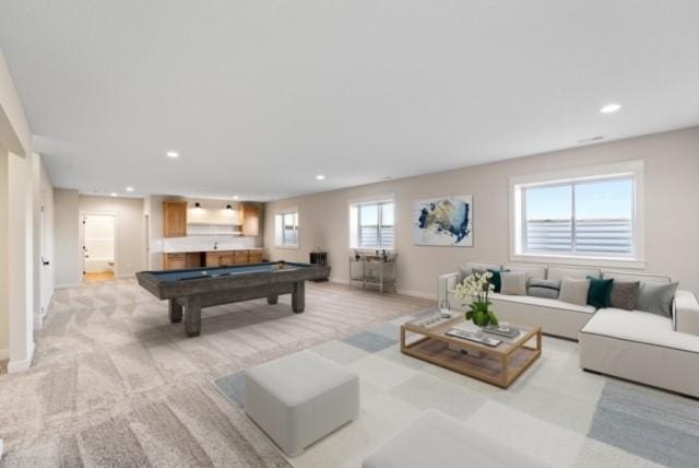 recreation room featuring light carpet, baseboards, billiards, and recessed lighting