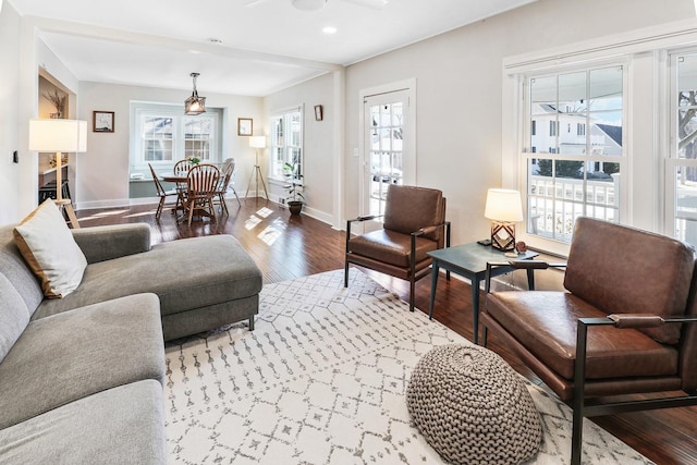 living area featuring plenty of natural light, baseboards, and wood finished floors