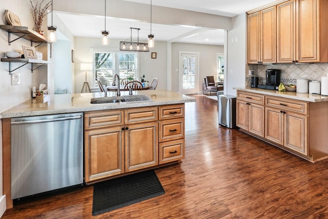 kitchen featuring dark wood finished floors, open shelves, tasteful backsplash, stainless steel dishwasher, and a sink