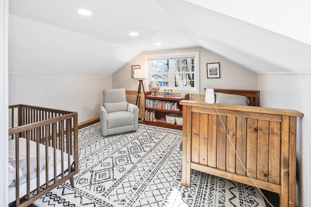 bedroom featuring recessed lighting, vaulted ceiling, and baseboards