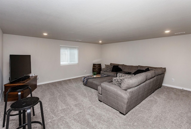 living room featuring carpet flooring, recessed lighting, baseboards, and visible vents