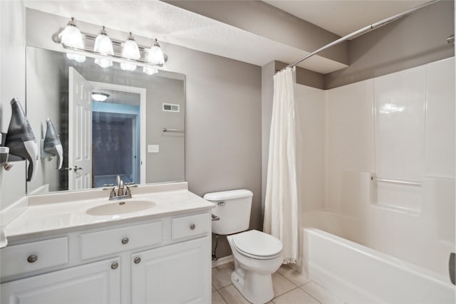 bathroom featuring vanity, visible vents, shower / bath combo, tile patterned flooring, and toilet