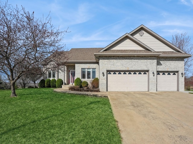 4008 141st St, Urbandale, IA 50323 - view of front of house with an attached garage, driveway, a front lawn, and brick siding
