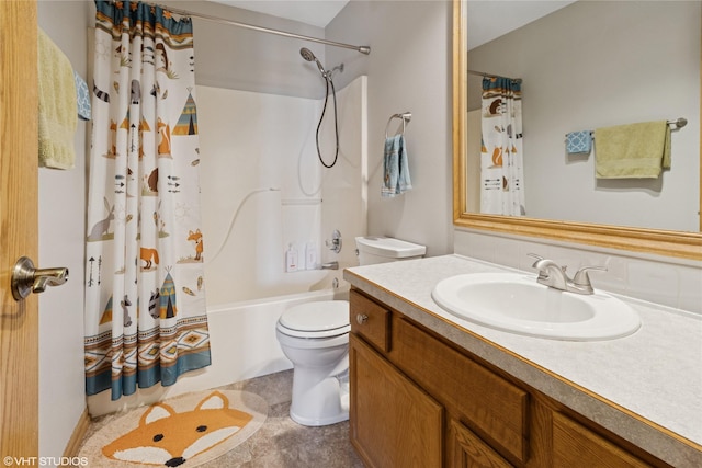 full bathroom with shower / bath combo with shower curtain, toilet, and vanity