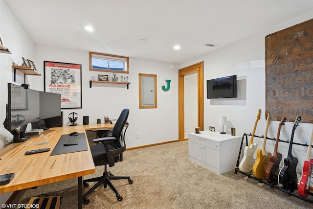 home office with visible vents, baseboards, carpet, electric panel, and recessed lighting