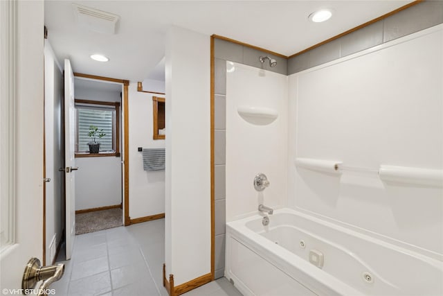 full bathroom with recessed lighting, visible vents, baseboards, and a combined bath / shower with jetted tub