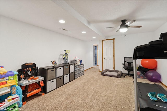 workout area with visible vents, baseboards, ceiling fan, carpet flooring, and recessed lighting