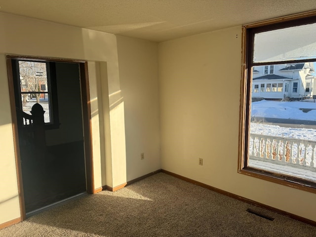 carpeted spare room featuring visible vents, plenty of natural light, a textured ceiling, and baseboards