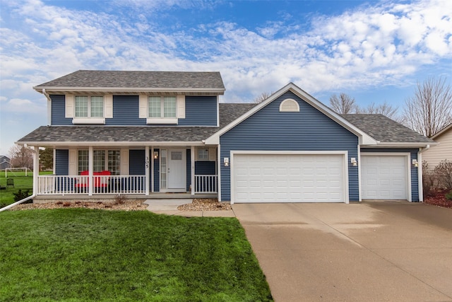 traditional home featuring covered porch, a shingled roof, concrete driveway, a front lawn, and a garage