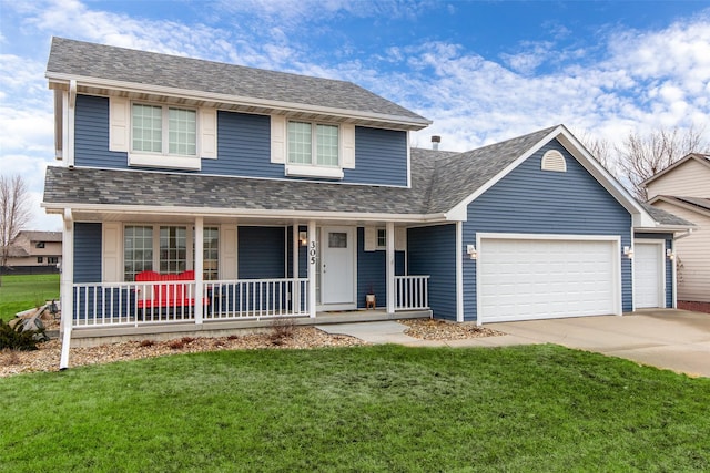 view of front facade with a porch, roof with shingles, concrete driveway, a front yard, and an attached garage