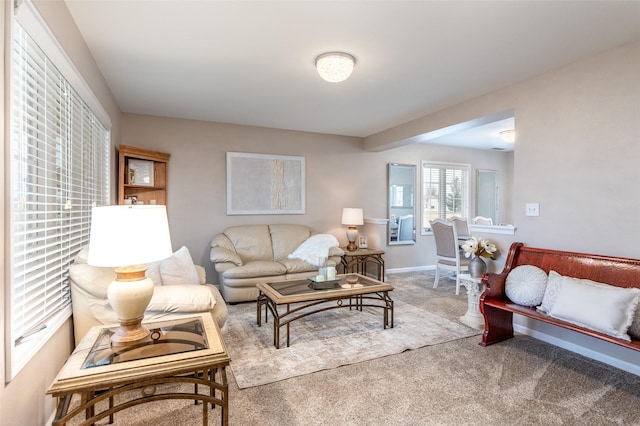 living room featuring baseboards and carpet floors