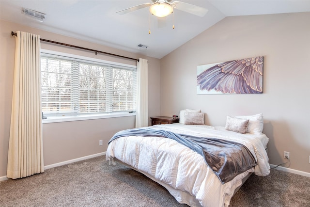 bedroom featuring lofted ceiling, carpet, visible vents, and baseboards