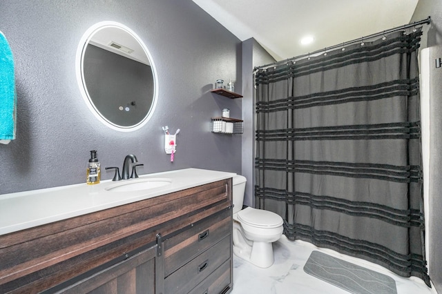 bathroom with visible vents, toilet, a textured wall, marble finish floor, and vanity