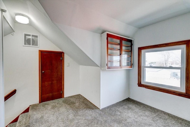 additional living space featuring visible vents, lofted ceiling, and carpet