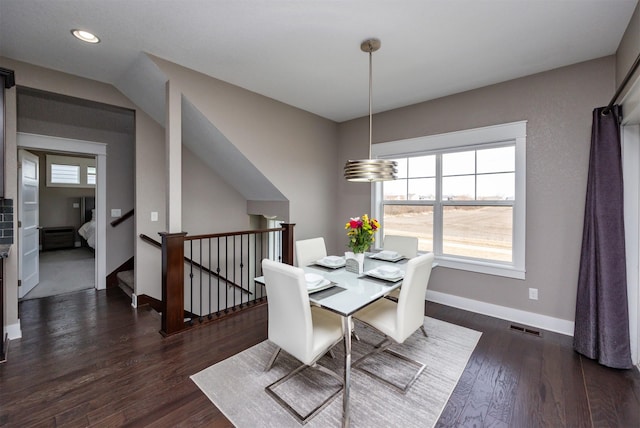 dining space with recessed lighting, visible vents, baseboards, and dark wood-style flooring