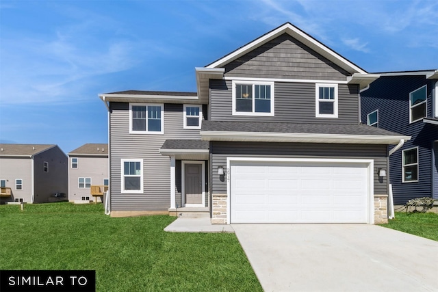 view of front of property featuring driveway, roof with shingles, an attached garage, a front lawn, and stone siding