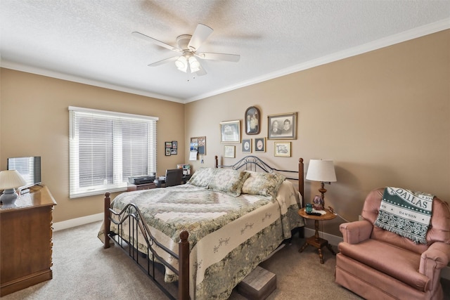 carpeted bedroom featuring baseboards, a textured ceiling, and ornamental molding