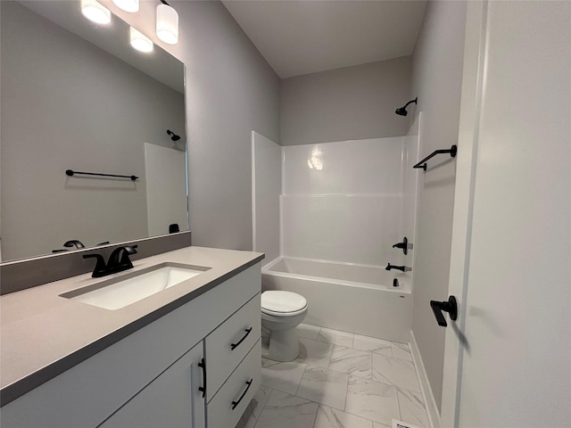 bathroom with toilet, marble finish floor, shower / bathtub combination, baseboards, and vanity