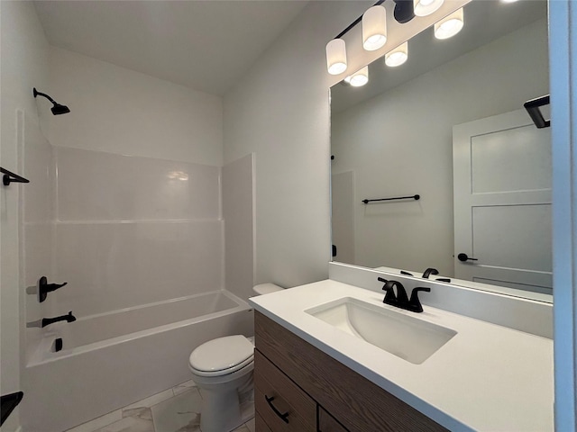 full bath featuring marble finish floor, toilet, vanity, and bathtub / shower combination