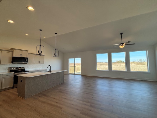 kitchen with an island with sink, a sink, dark wood-style floors, stainless steel appliances, and lofted ceiling