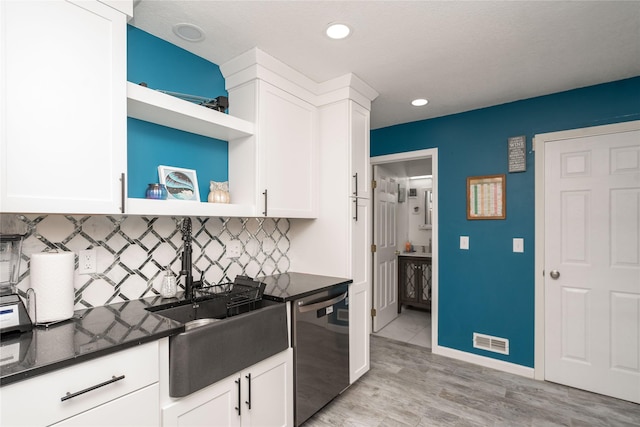 kitchen featuring visible vents, open shelves, backsplash, white cabinets, and dishwasher