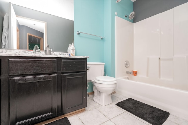 full bath with washtub / shower combination, toilet, vanity, and tile patterned flooring