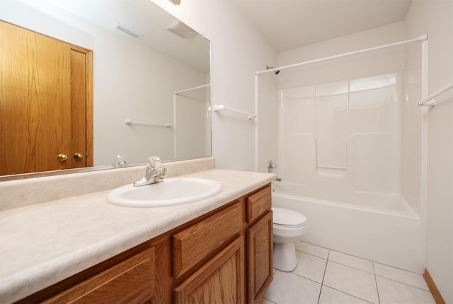 bathroom featuring tile patterned floors, visible vents, toilet, washtub / shower combination, and vanity