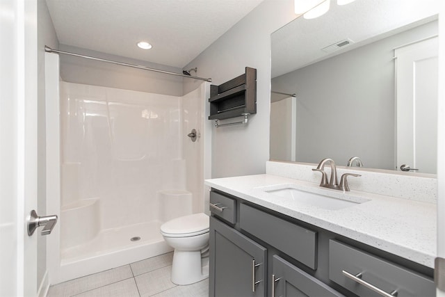 full bathroom featuring tile patterned flooring, visible vents, walk in shower, toilet, and vanity