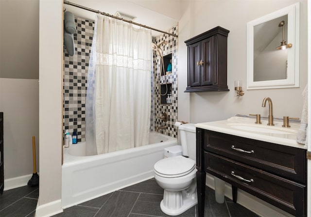 full bath featuring shower / bathtub combination with curtain, tile patterned flooring, vanity, and toilet