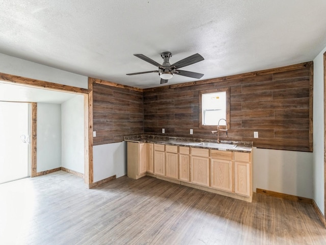 kitchen with a sink, wooden walls, light wood-style floors, and light brown cabinets