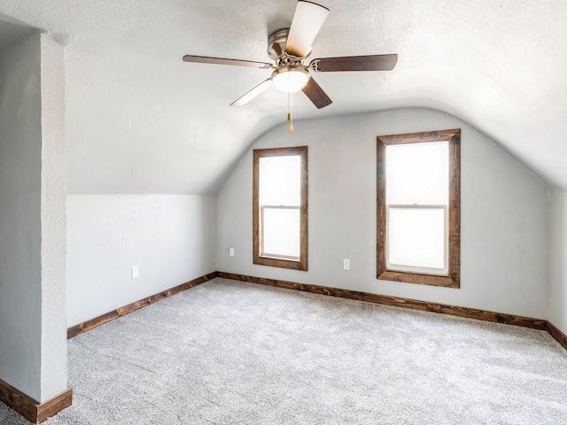 additional living space with carpet flooring, a textured ceiling, baseboards, and vaulted ceiling