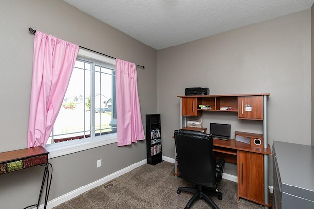 office area featuring visible vents, a textured ceiling, baseboards, and carpet floors