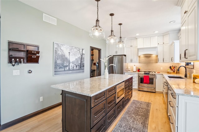 kitchen with visible vents, custom exhaust hood, a sink, stainless steel appliances, and white cabinets