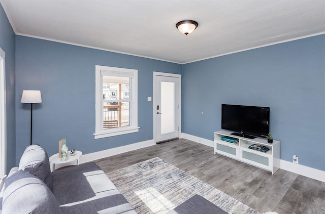 living area featuring ornamental molding, baseboards, and wood finished floors