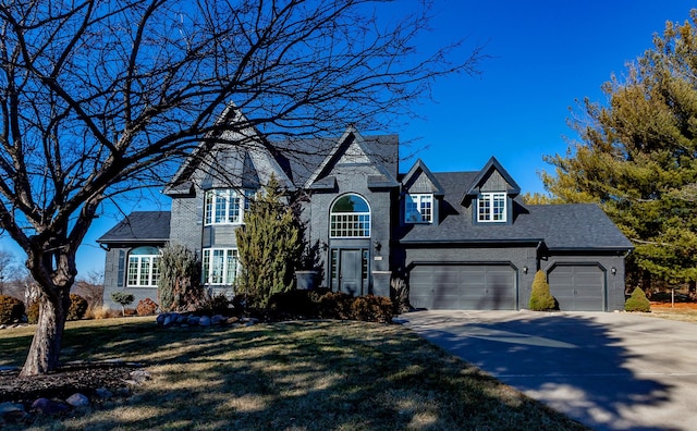 view of front of home featuring brick siding, a garage, concrete driveway, and a front lawn