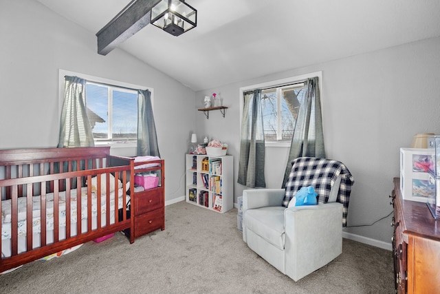 bedroom featuring carpet flooring, multiple windows, baseboards, and vaulted ceiling with beams