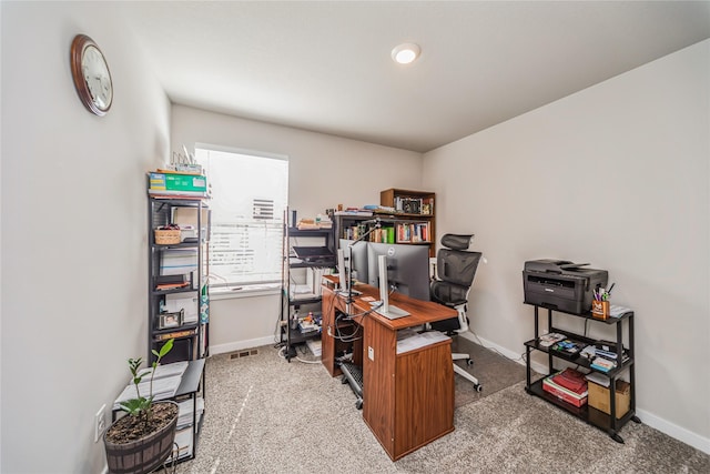 home office with carpet flooring and baseboards