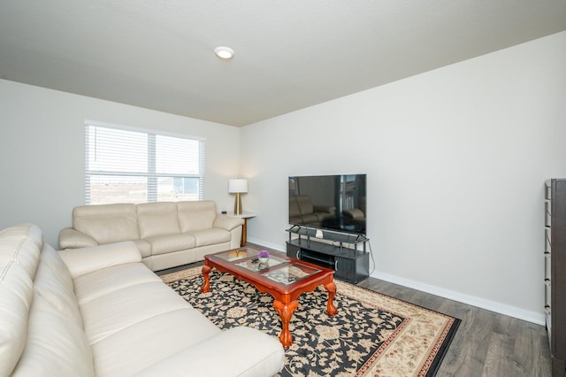 living room with baseboards and wood finished floors