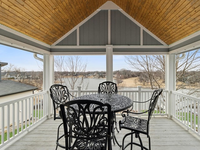 sunroom / solarium with lofted ceiling, wood ceiling, and a water view