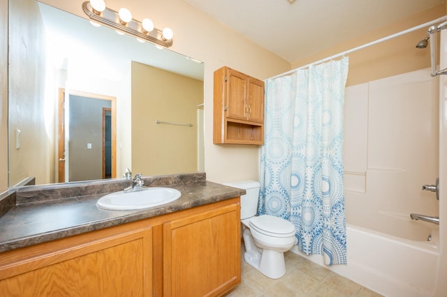 bathroom with tile patterned flooring, vanity, toilet, and shower / tub combo with curtain