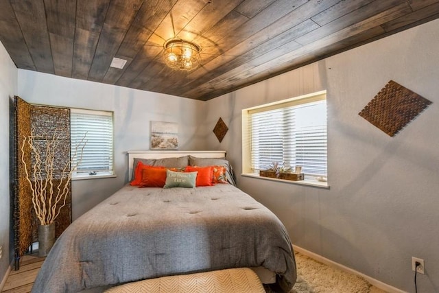 bedroom featuring wooden ceiling and baseboards