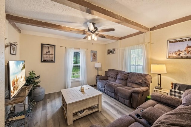 living area featuring ceiling fan, beamed ceiling, wood finished floors, and a textured ceiling