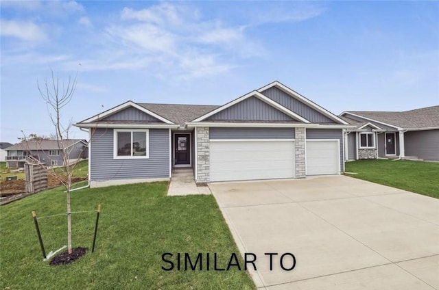 ranch-style house featuring stone siding, an attached garage, concrete driveway, and a front yard